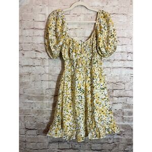 Sienna Sky Babydoll Dress Women Medium Yellow Ditsy Floral Puff Sleeve Milk Maid